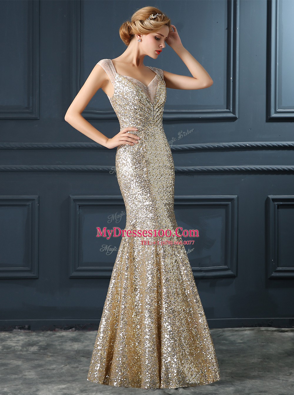 Excellent Mermaid V-neck Sleeveless Formal Dresses Floor Length Sequins Champagne Sequined