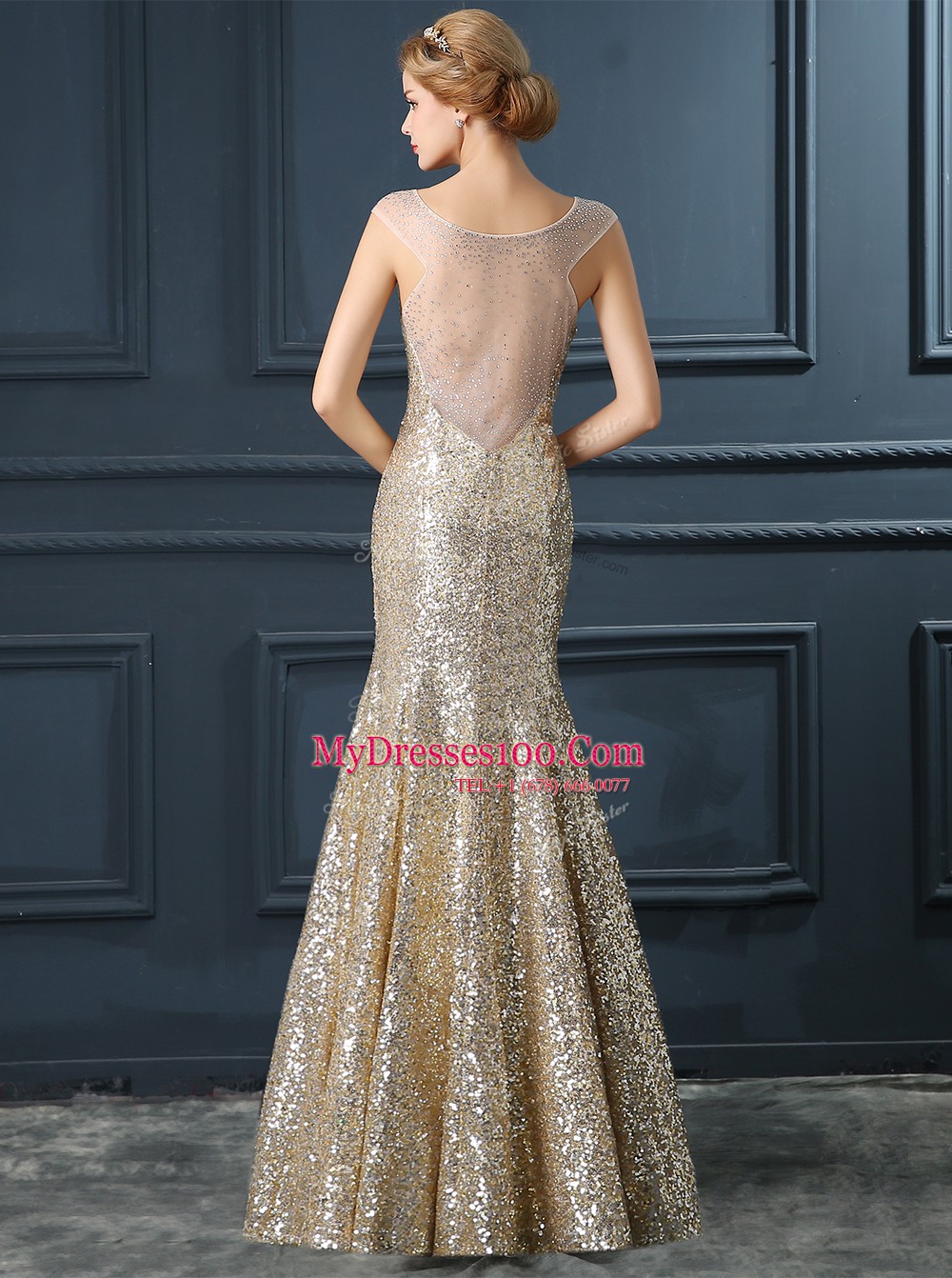 Excellent Mermaid V-neck Sleeveless Formal Dresses Floor Length Sequins Champagne Sequined