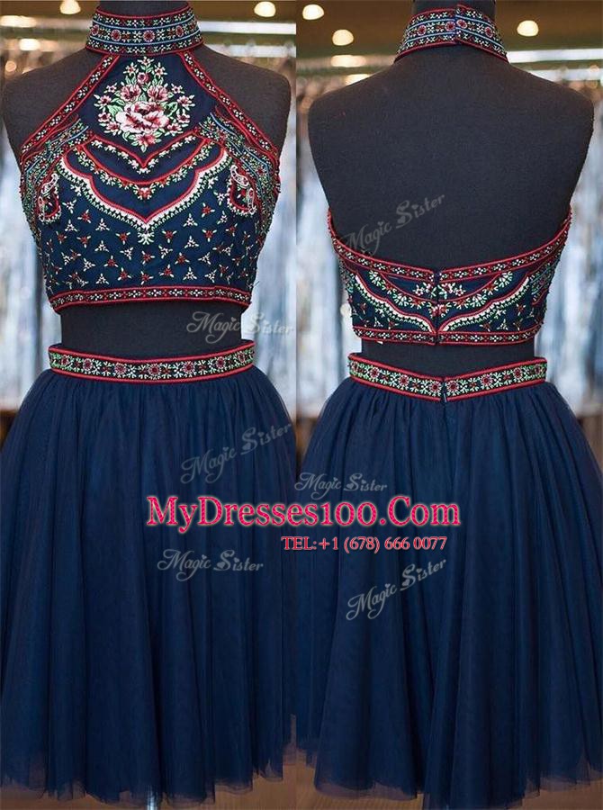 Nice Navy Blue High-neck Zipper Embroidery Party Dress for Toddlers Sleeveless