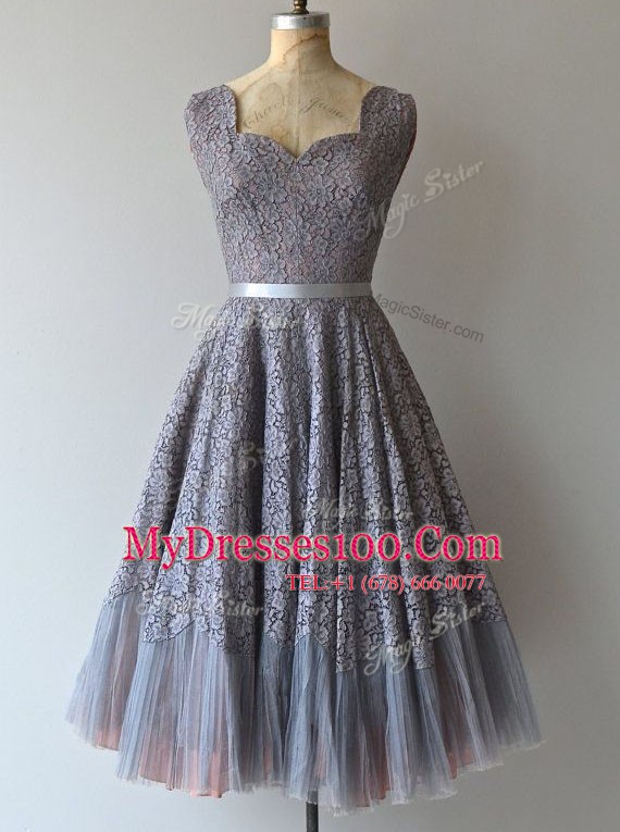 Delicate Square Lace Grey Sleeveless Belt Knee Length Womens Party Dresses