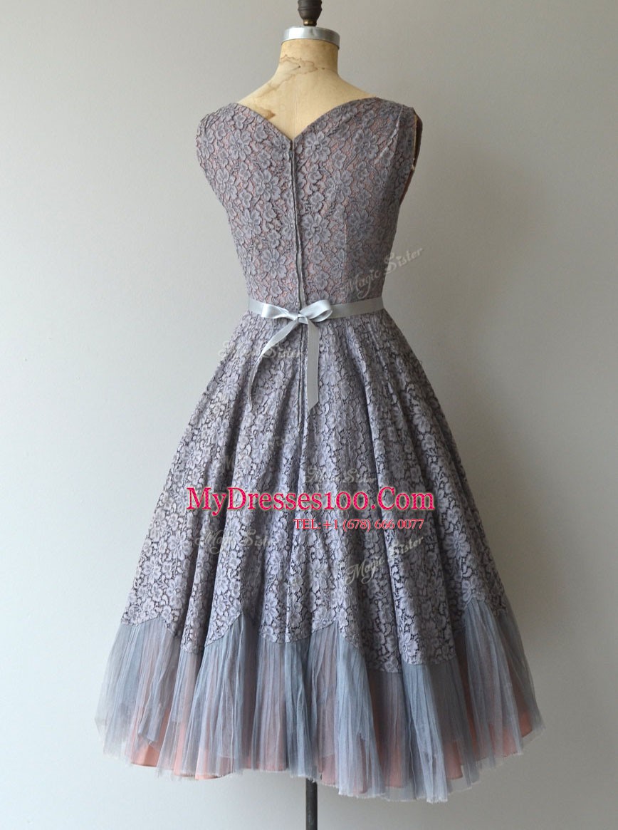 Delicate Square Lace Grey Sleeveless Belt Knee Length Womens Party Dresses