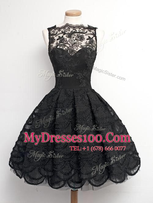 Black Lace Zipper Bateau Sleeveless Knee Length Cocktail Dress Appliques