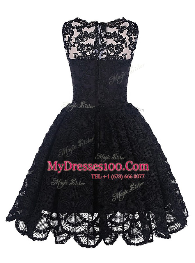Black Lace Zipper Bateau Sleeveless Knee Length Cocktail Dress Appliques