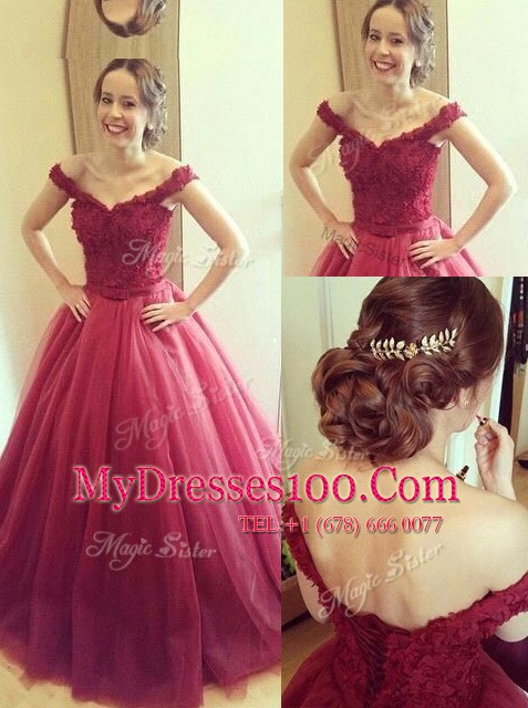 Dynamic Off the Shoulder Floor Length A-line Sleeveless Fuchsia Prom Dress Lace Up