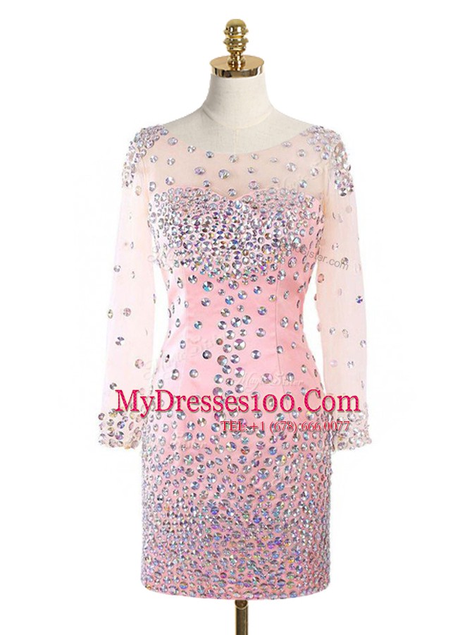 Flare Scoop Pink Long Sleeves Mini Length Beading Zipper Prom Dresses