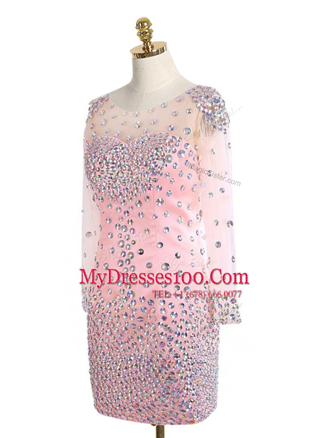 Flare Scoop Pink Long Sleeves Mini Length Beading Zipper Prom Dresses