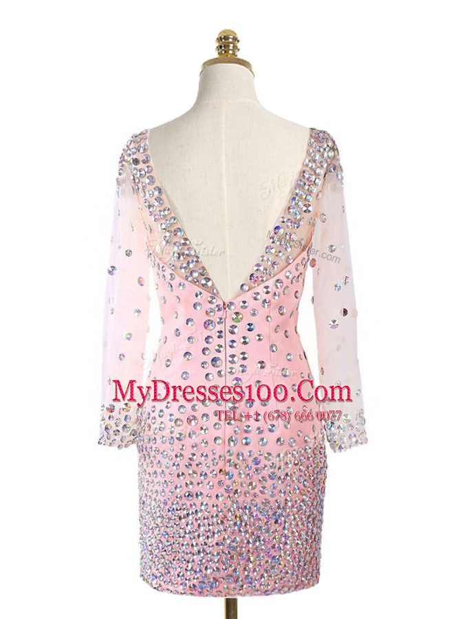 Flare Scoop Pink Long Sleeves Mini Length Beading Zipper Prom Dresses