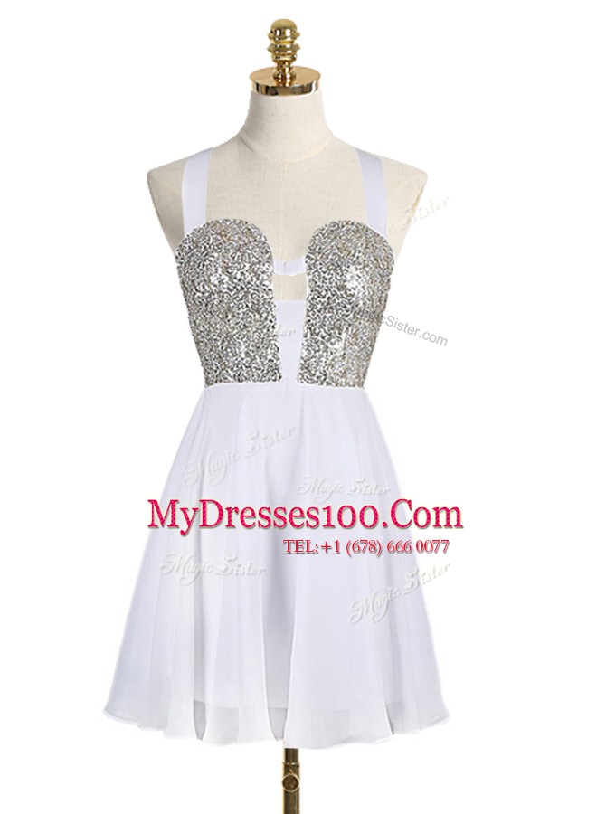Modern White A-line Chiffon Straps Sleeveless Sequins Mini Length Criss Cross Cocktail Dress