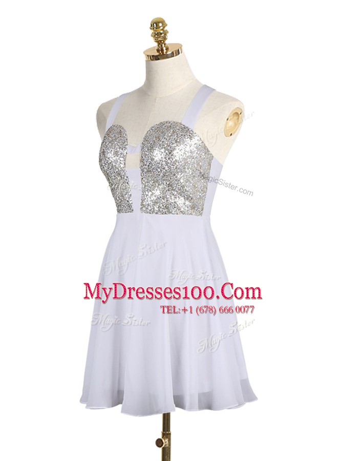 Modern White A-line Chiffon Straps Sleeveless Sequins Mini Length Criss Cross Cocktail Dress