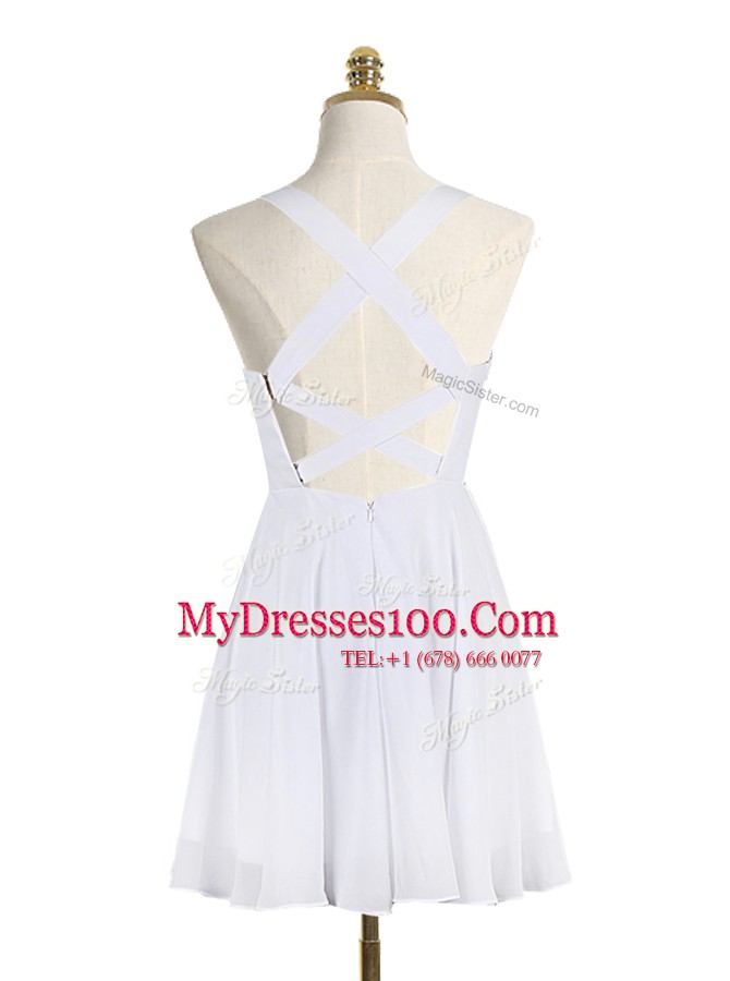 Modern White A-line Chiffon Straps Sleeveless Sequins Mini Length Criss Cross Cocktail Dress