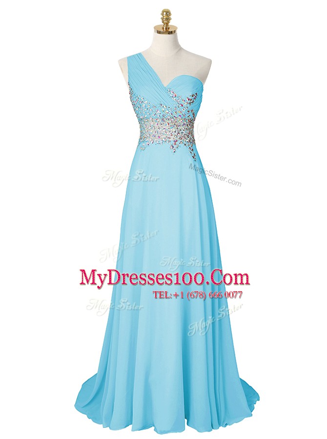 Fashionable One Shoulder Sleeveless Prom Evening Gown With Brush Train Beading Aqua Blue Chiffon