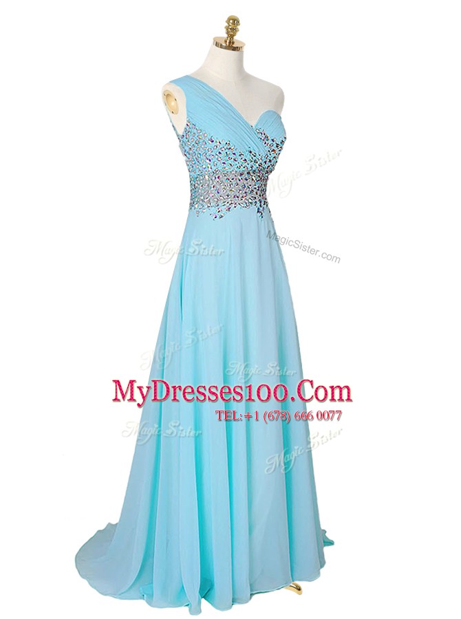Fashionable One Shoulder Sleeveless Prom Evening Gown With Brush Train Beading Aqua Blue Chiffon