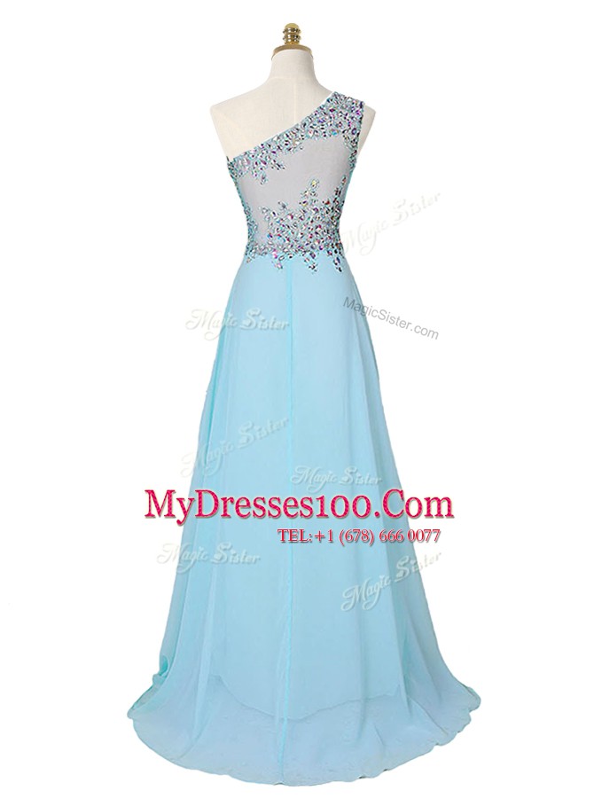 Fashionable One Shoulder Sleeveless Prom Evening Gown With Brush Train Beading Aqua Blue Chiffon