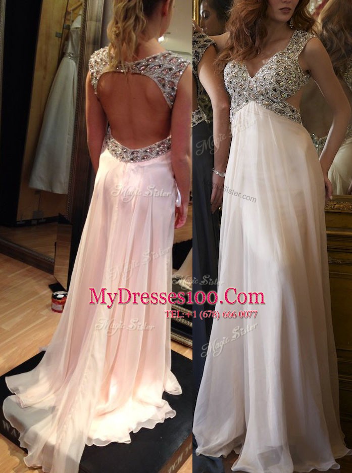 Most Popular Backless Pink Evening Gowns Chiffon Brush Train Sleeveless Ruching