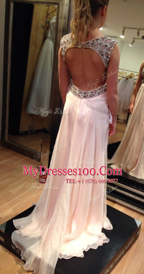 Most Popular Backless Pink Evening Gowns Chiffon Brush Train Sleeveless Ruching