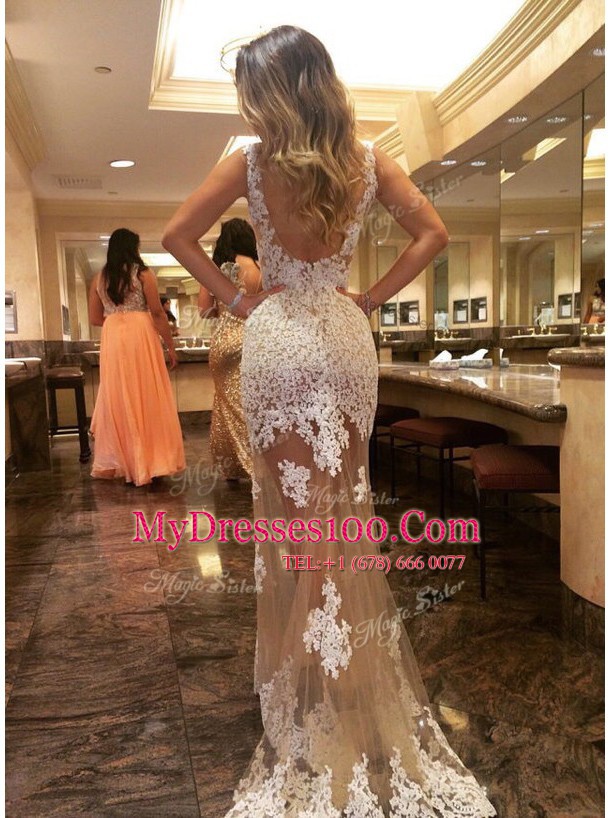 Romantic Mermaid Champagne Scoop Backless Appliques Prom Dress Court Train Sleeveless