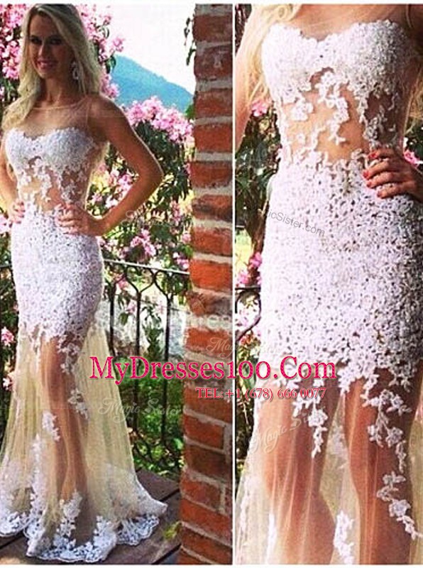 Romantic Mermaid Champagne Scoop Backless Appliques Prom Dress Court Train Sleeveless