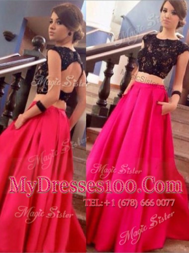 Suitable Scoop Backless Red Cap Sleeves Lace Floor Length Prom Party Dress