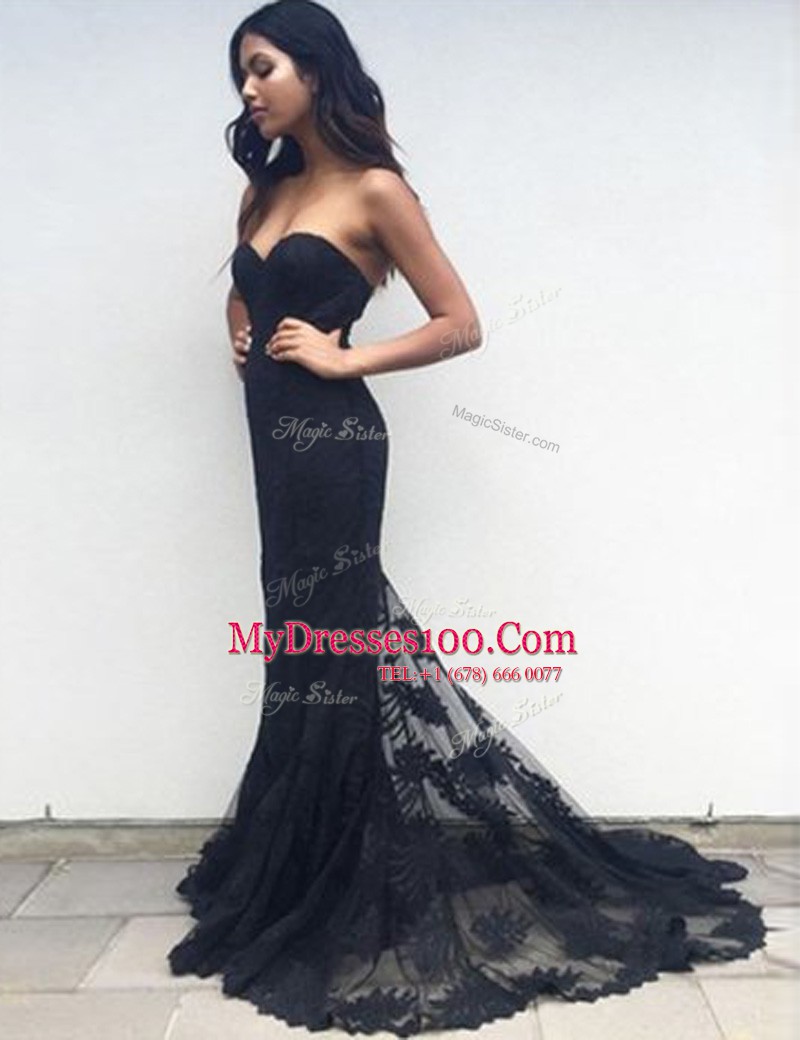 Mermaid Black Lace Zipper Sleeveless With Brush Train Appliques
