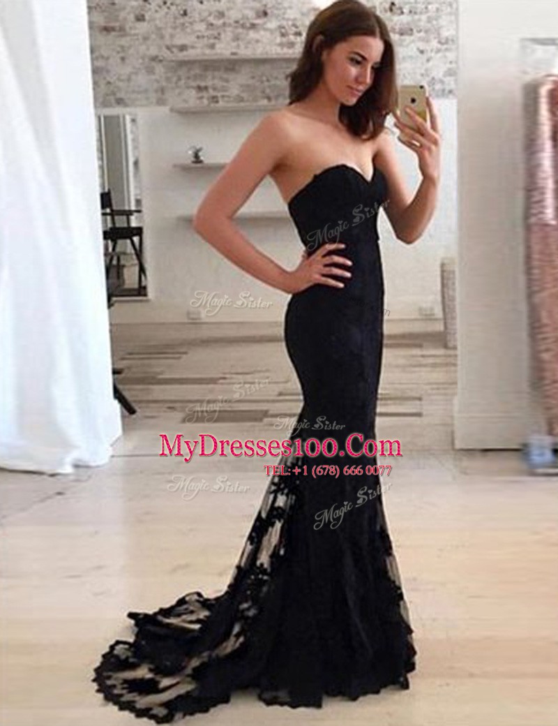 Mermaid Black Lace Zipper Sleeveless With Brush Train Appliques