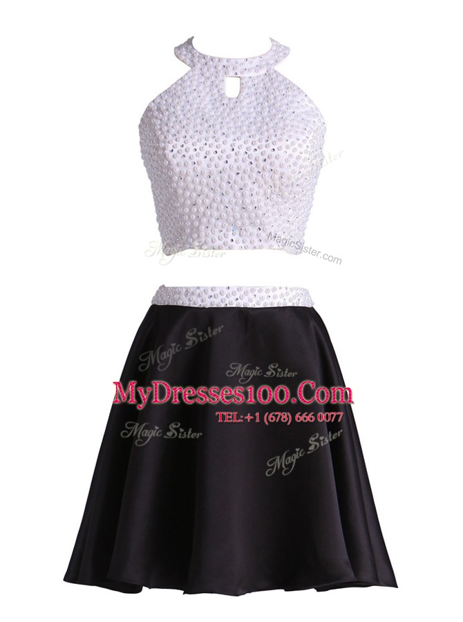 Fabulous Halter Top Black Sleeveless Satin Zipper Prom Party Dress for Prom and Party