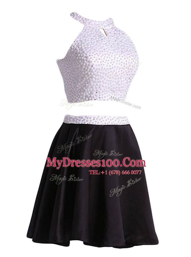 Fabulous Halter Top Black Sleeveless Satin Zipper Prom Party Dress for Prom and Party