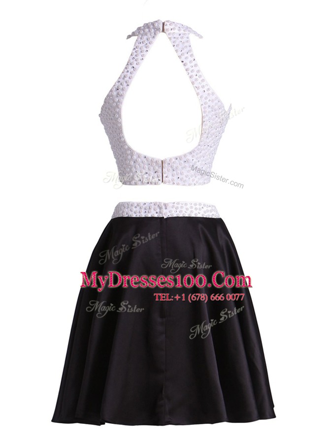 Fabulous Halter Top Black Sleeveless Satin Zipper Prom Party Dress for Prom and Party