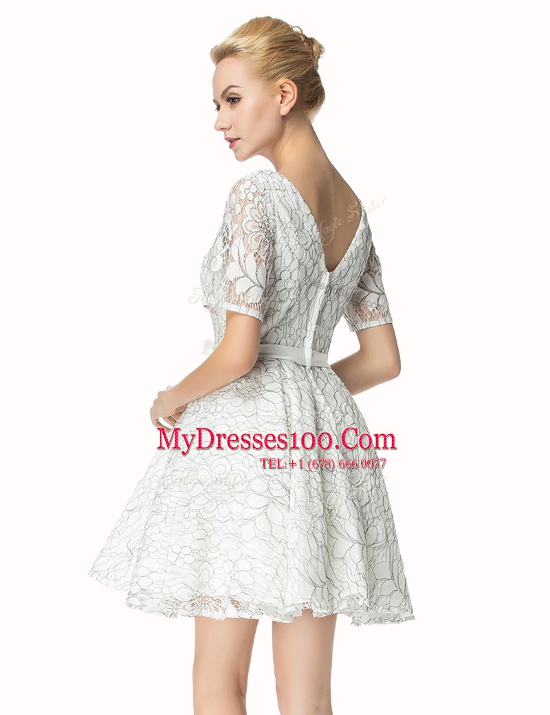 Super White Lace Zipper Cocktail Dress Short Sleeves Mini Length Sashes ribbons