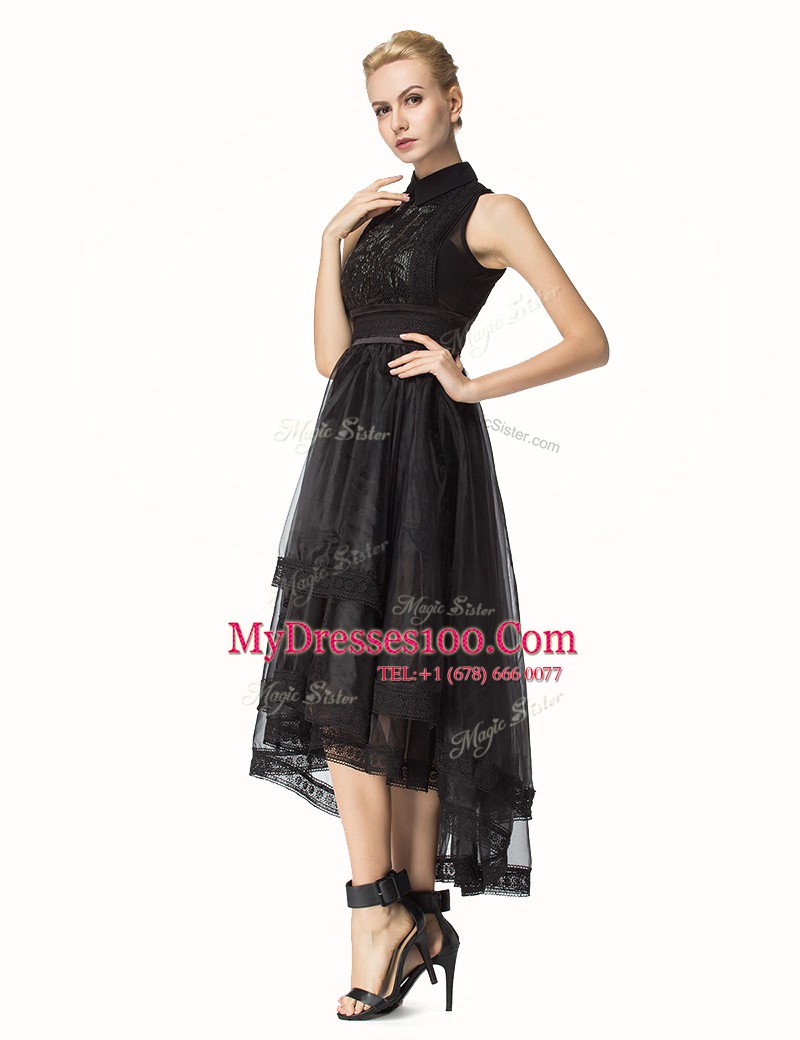 Exquisite Black Tulle Zipper Evening Wear Sleeveless Asymmetrical Lace