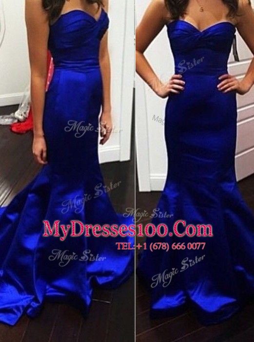 Royal Blue Mermaid Ruching Prom Party Dress Zipper Satin Sleeveless