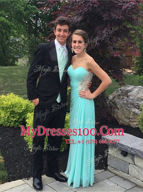 Floor Length Zipper Prom Evening Gown Aqua Blue for Prom and Party with Beading