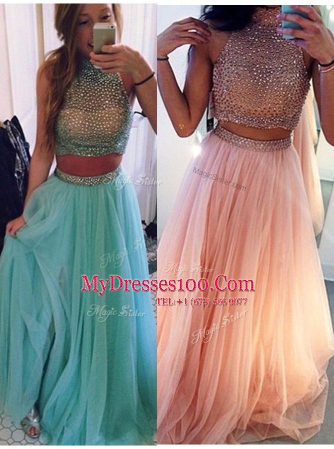 Most Popular Halter Top Tulle Sleeveless Floor Length and Beading