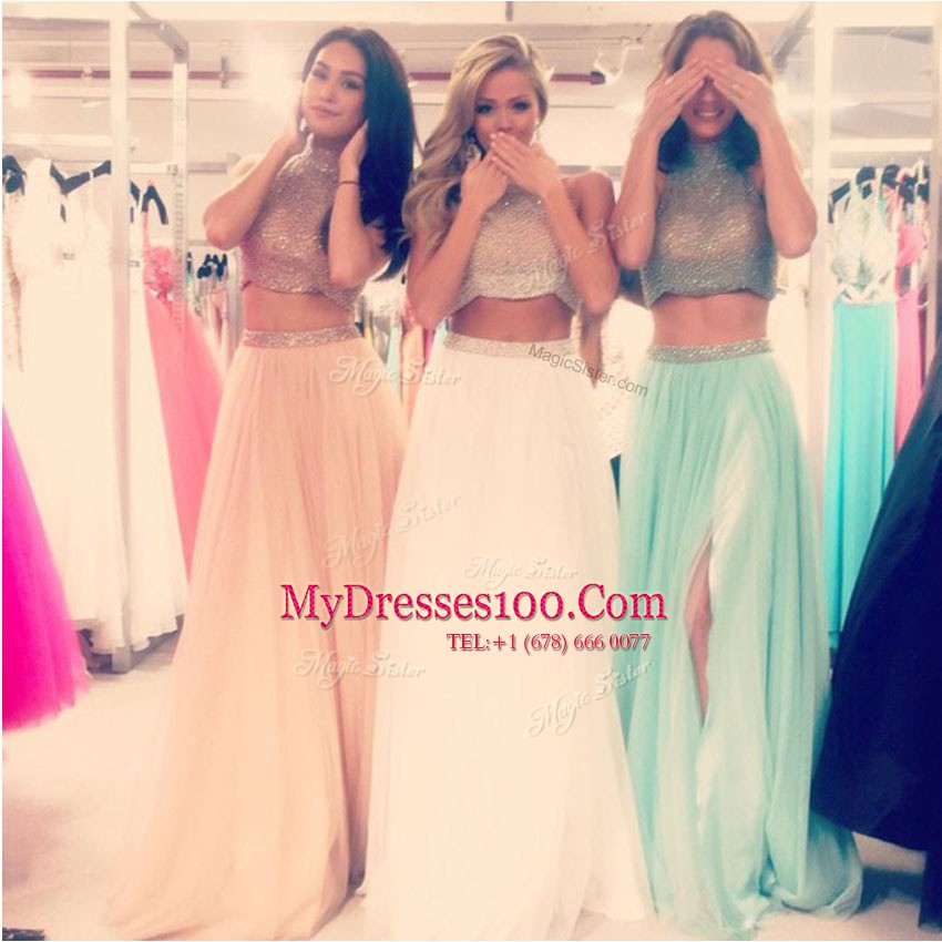 Most Popular Halter Top Tulle Sleeveless Floor Length and Beading