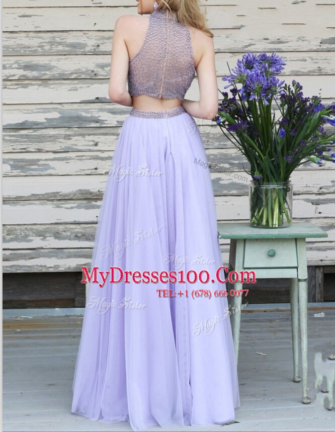 Most Popular Halter Top Tulle Sleeveless Floor Length and Beading