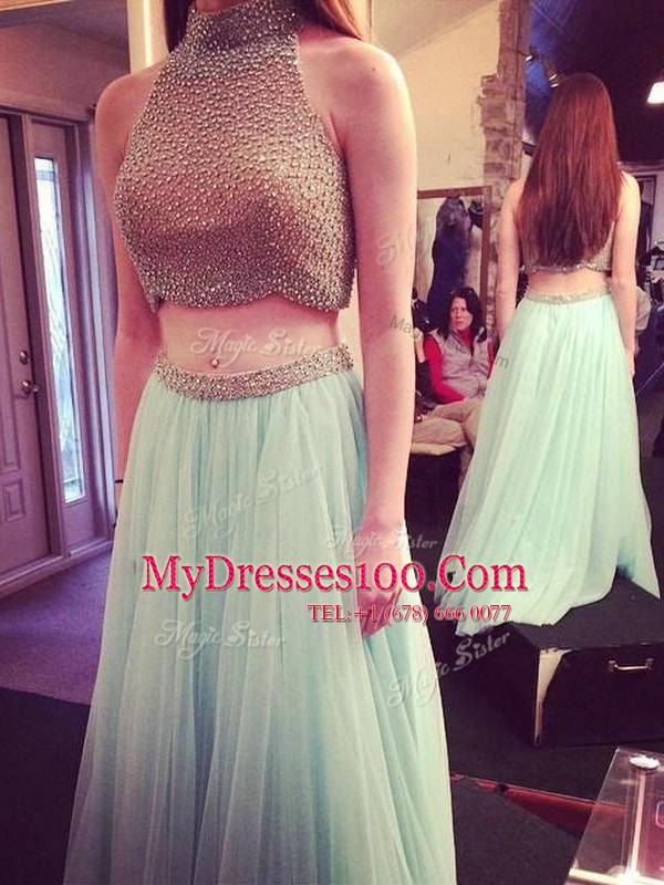 Most Popular Halter Top Tulle Sleeveless Floor Length and Beading