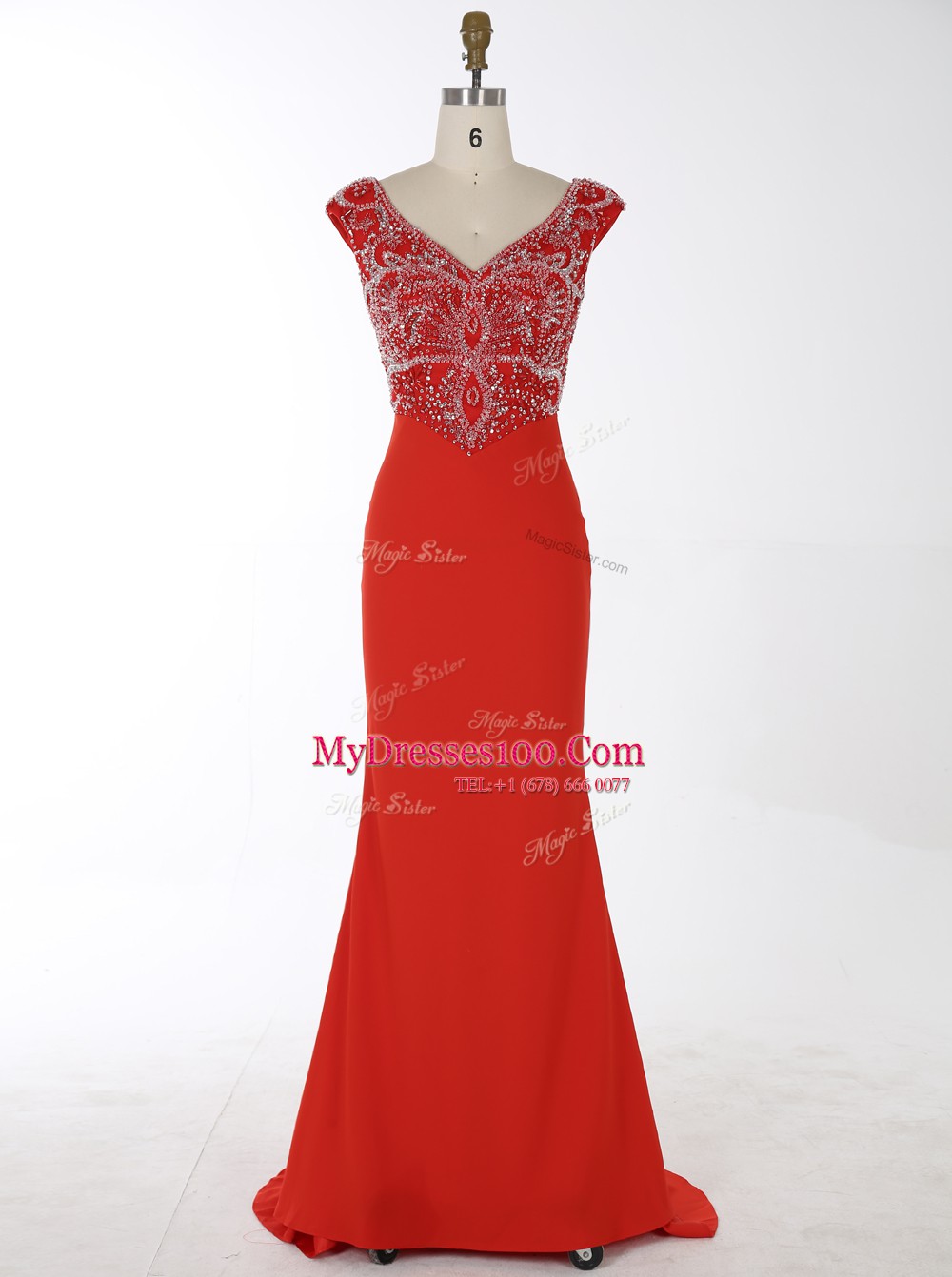 Best Mermaid With Train Red Prom Gown V-neck Sleeveless Brush Train Zipper