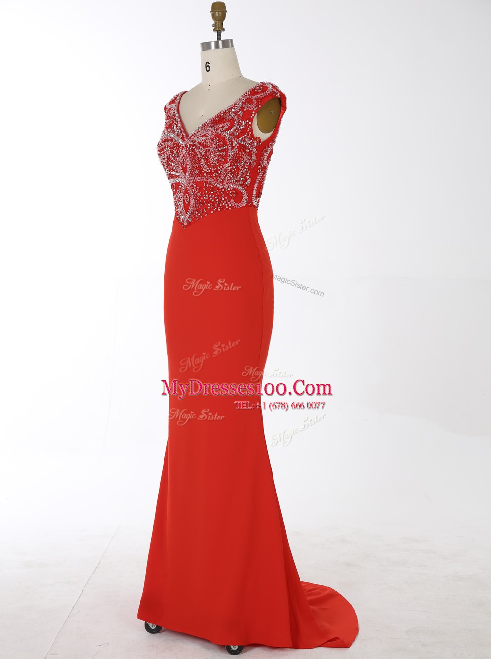 Best Mermaid With Train Red Prom Gown V-neck Sleeveless Brush Train Zipper