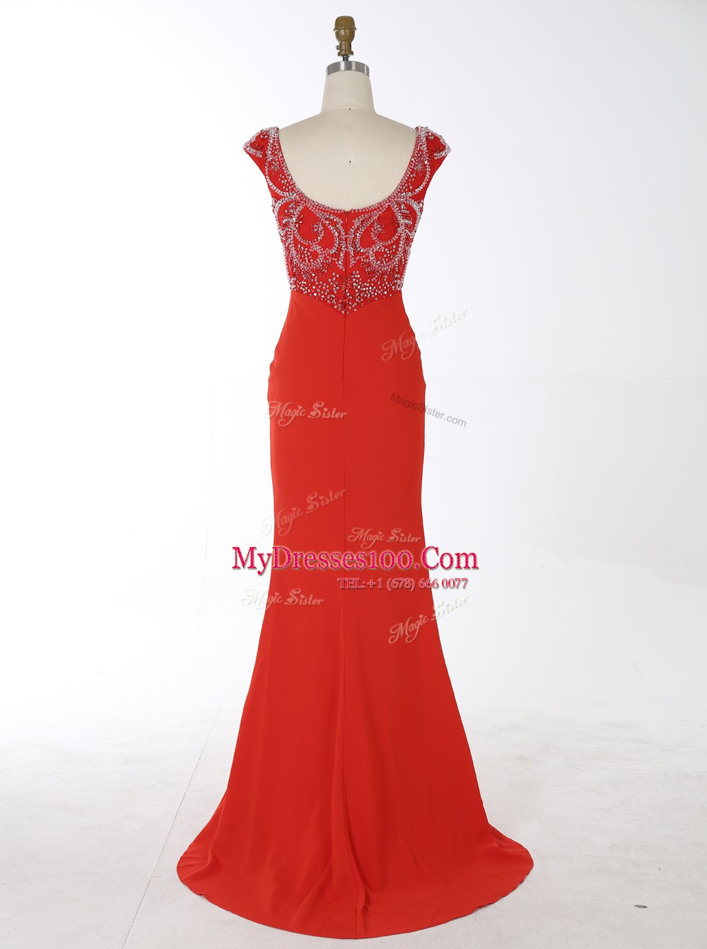 Best Mermaid With Train Red Prom Gown V-neck Sleeveless Brush Train Zipper