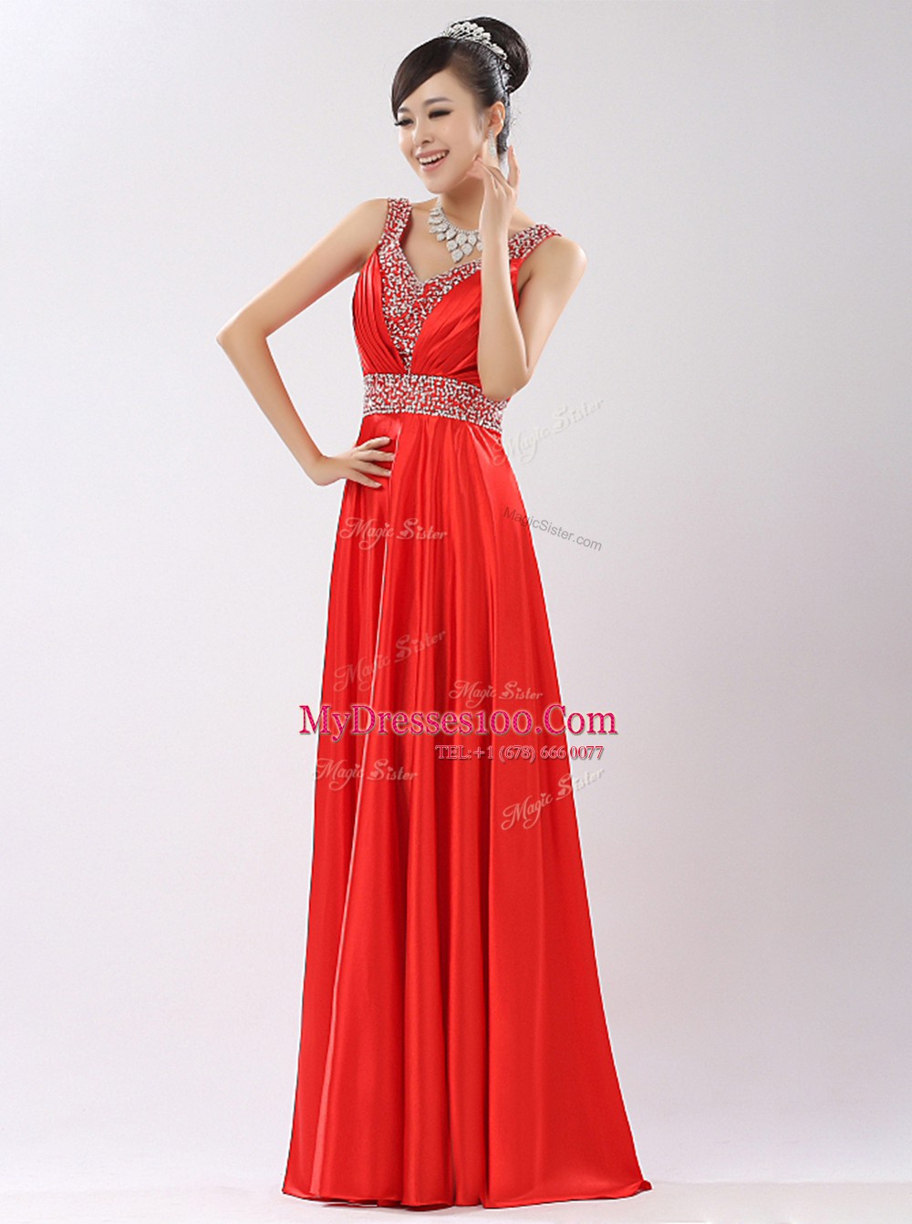Luxurious V-neck Sleeveless Zipper Evening Dress Coral Red Satin