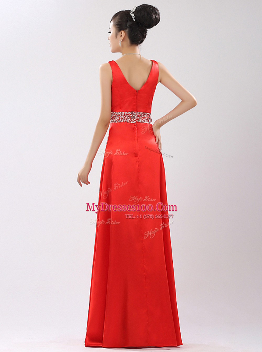 Luxurious V-neck Sleeveless Zipper Evening Dress Coral Red Satin