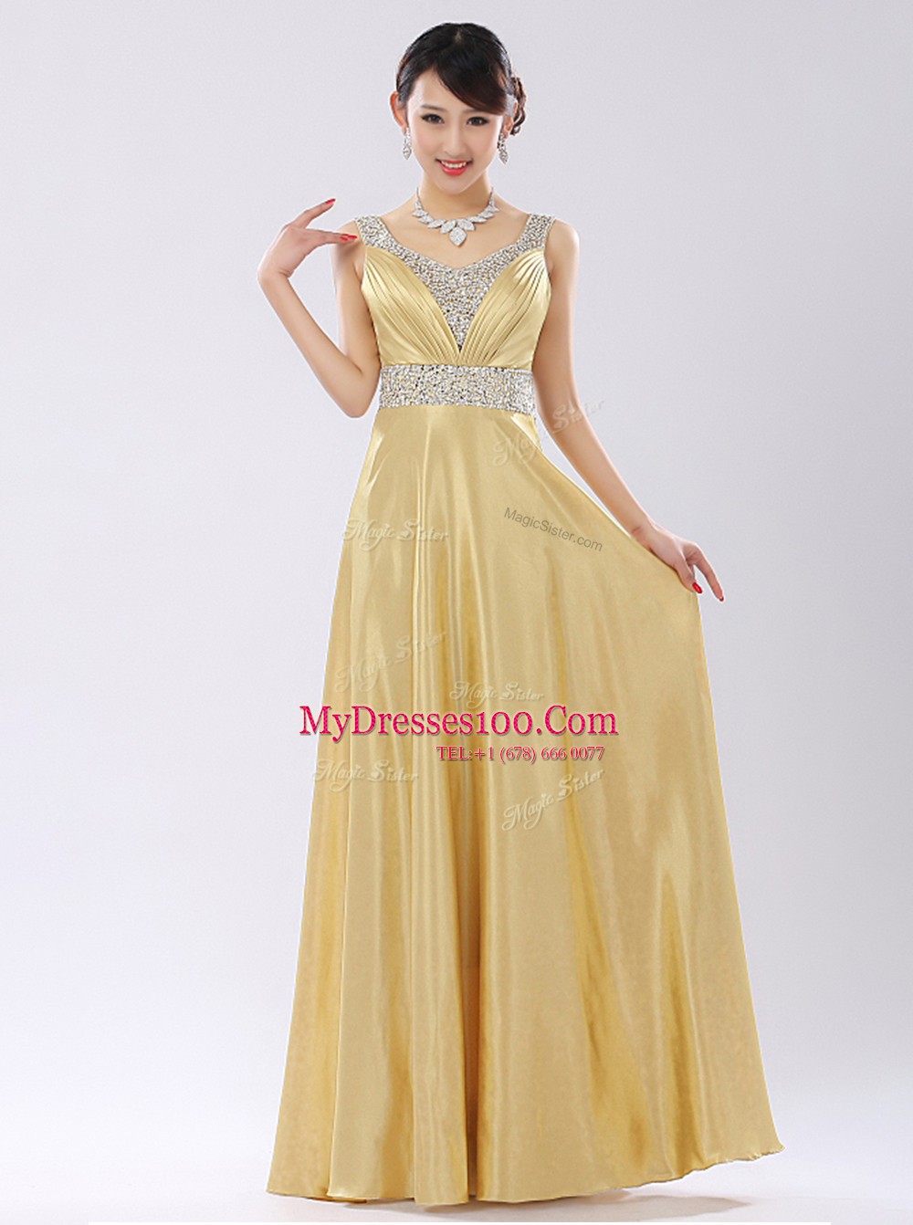 Luxurious V-neck Sleeveless Zipper Evening Dress Coral Red Satin