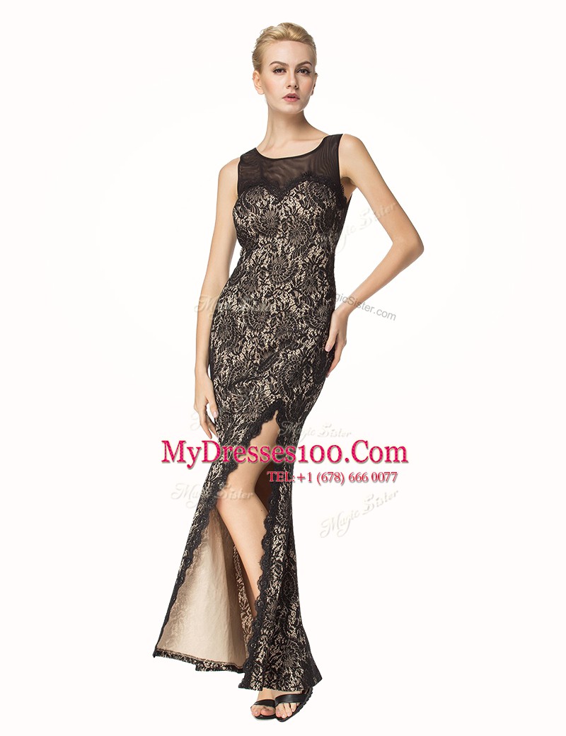 Fine Scoop Lace Prom Evening Gown Black Zipper Sleeveless Ankle Length