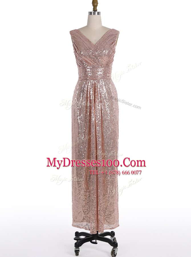 Custom Designed Sequins Floor Length A-line Sleeveless Pink Prom Gown Zipper