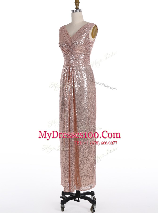 Custom Designed Sequins Floor Length A-line Sleeveless Pink Prom Gown Zipper
