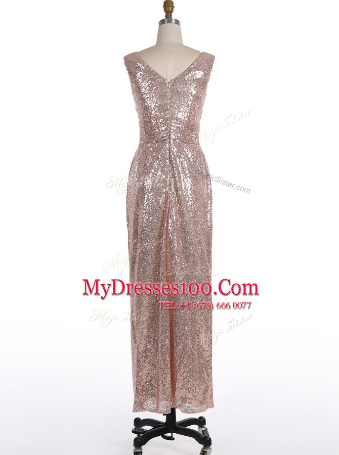 Custom Designed Sequins Floor Length A-line Sleeveless Pink Prom Gown Zipper