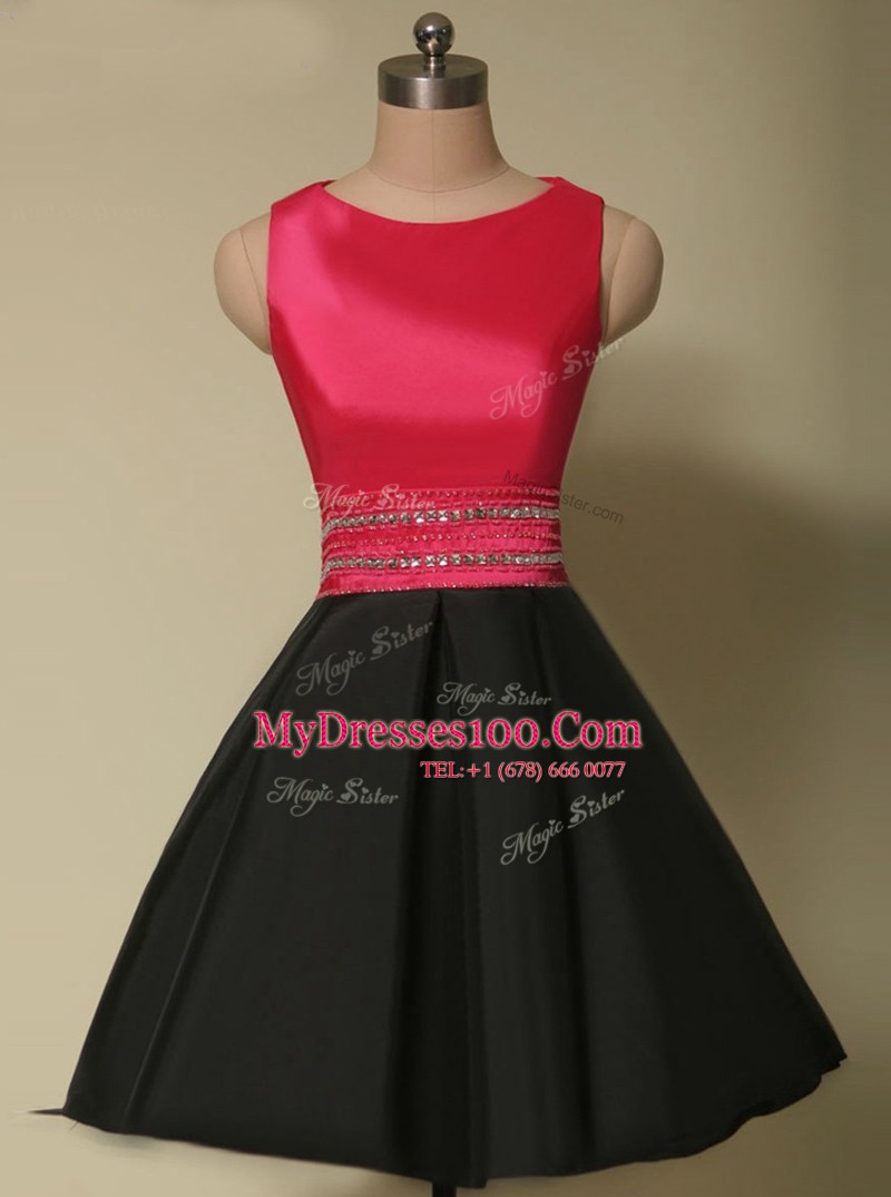 Scoop Mini Length Lace Up Evening Dress Red And Black for Prom with Beading