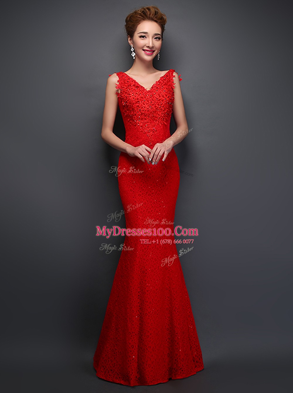 Lovely Mermaid Red V-neck Lace Up Beading and Appliques Homecoming Dress Sleeveless