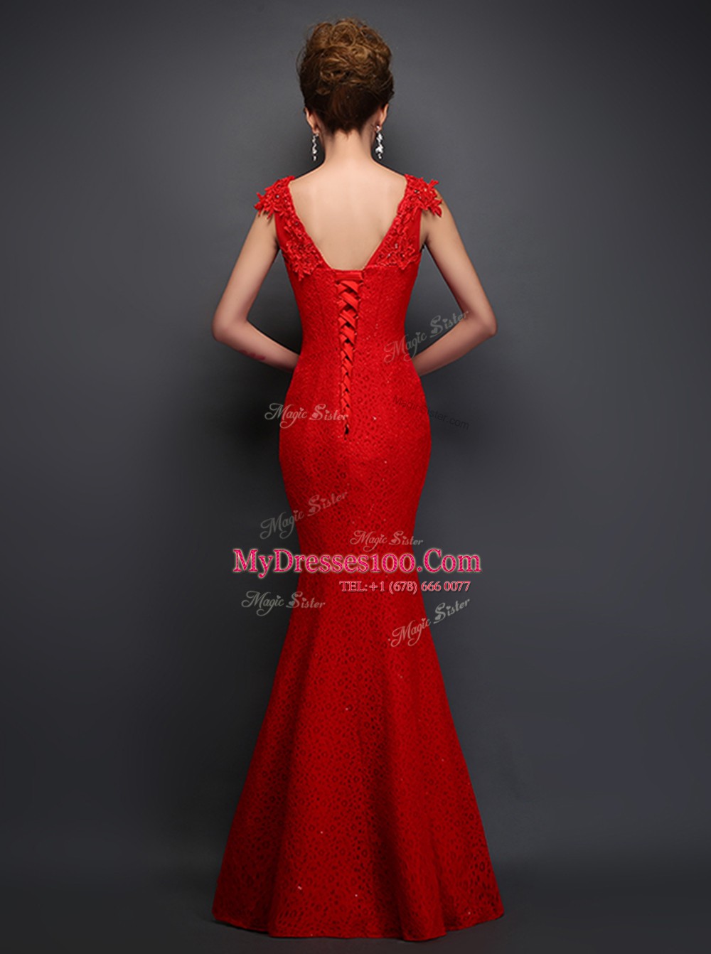 Lovely Mermaid Red V-neck Lace Up Beading and Appliques Homecoming Dress Sleeveless