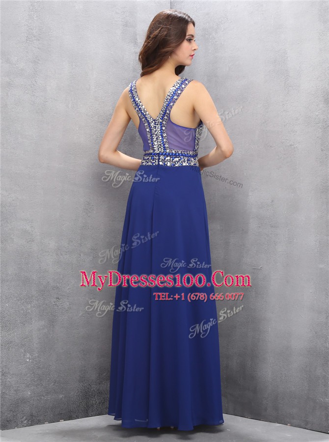 Discount V-neck Sleeveless Floor Length Beading Royal Blue Chiffon