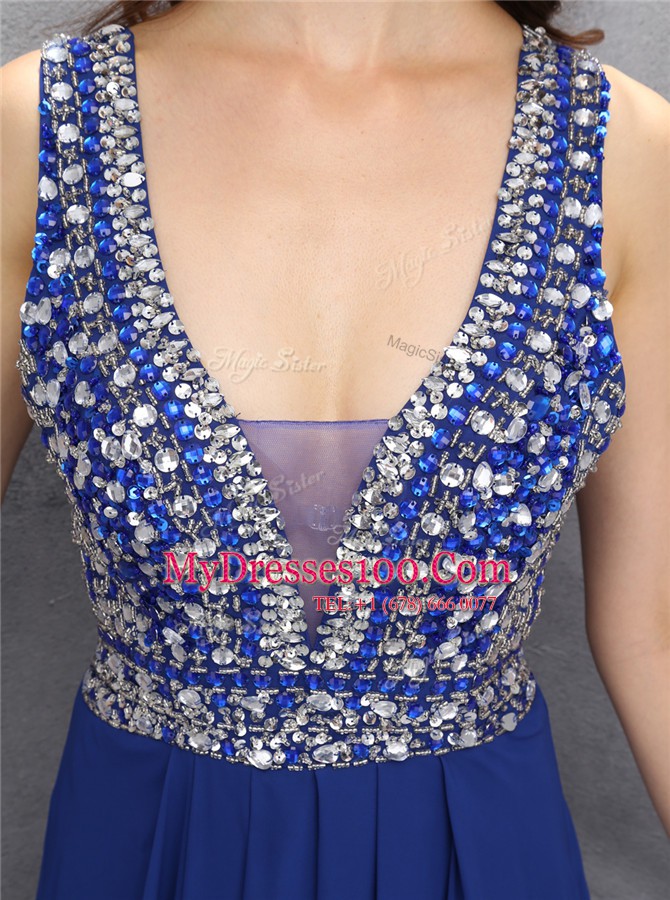 Discount V-neck Sleeveless Floor Length Beading Royal Blue Chiffon